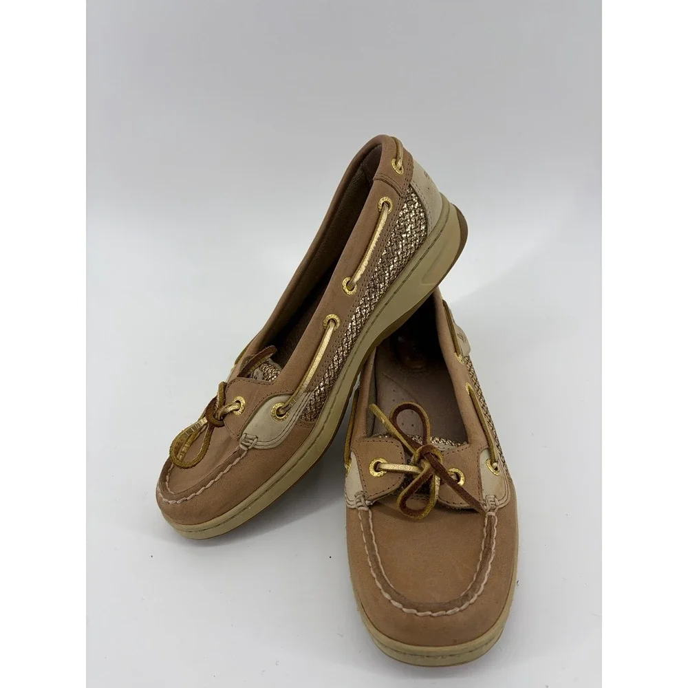 Sperry Angelfish, Tan/Gold Leather Glitter Boat Shoes, Women's Size 7, Pre-Owned